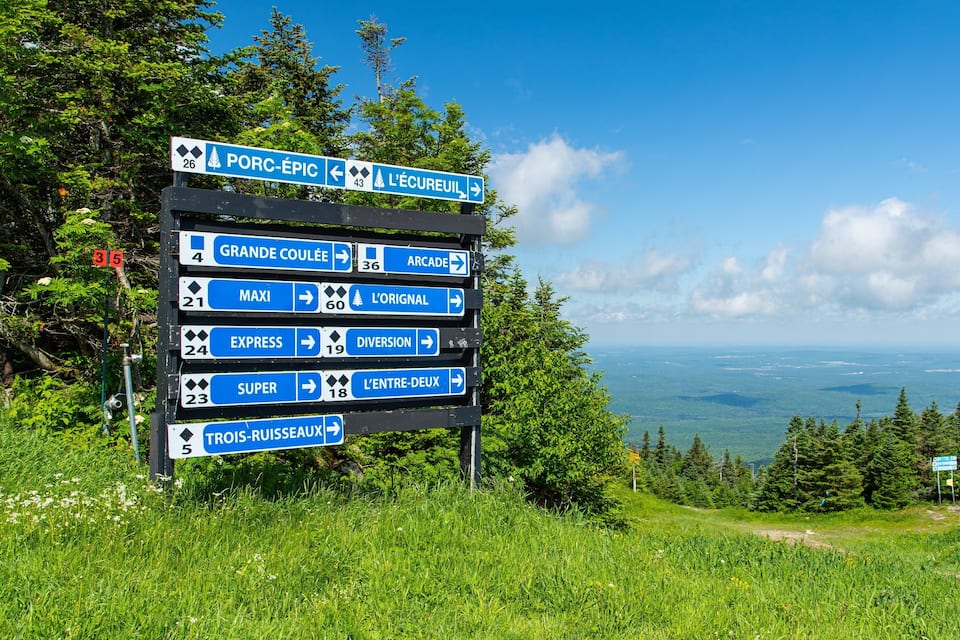 A directional signpost with multiple route numbers and names, surrounded by lush greenery and a scenic view of distant mountains.