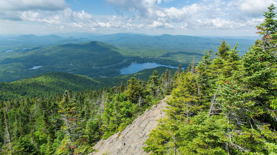 A mountainous landscape with dense forests, a winding road, and a lake.