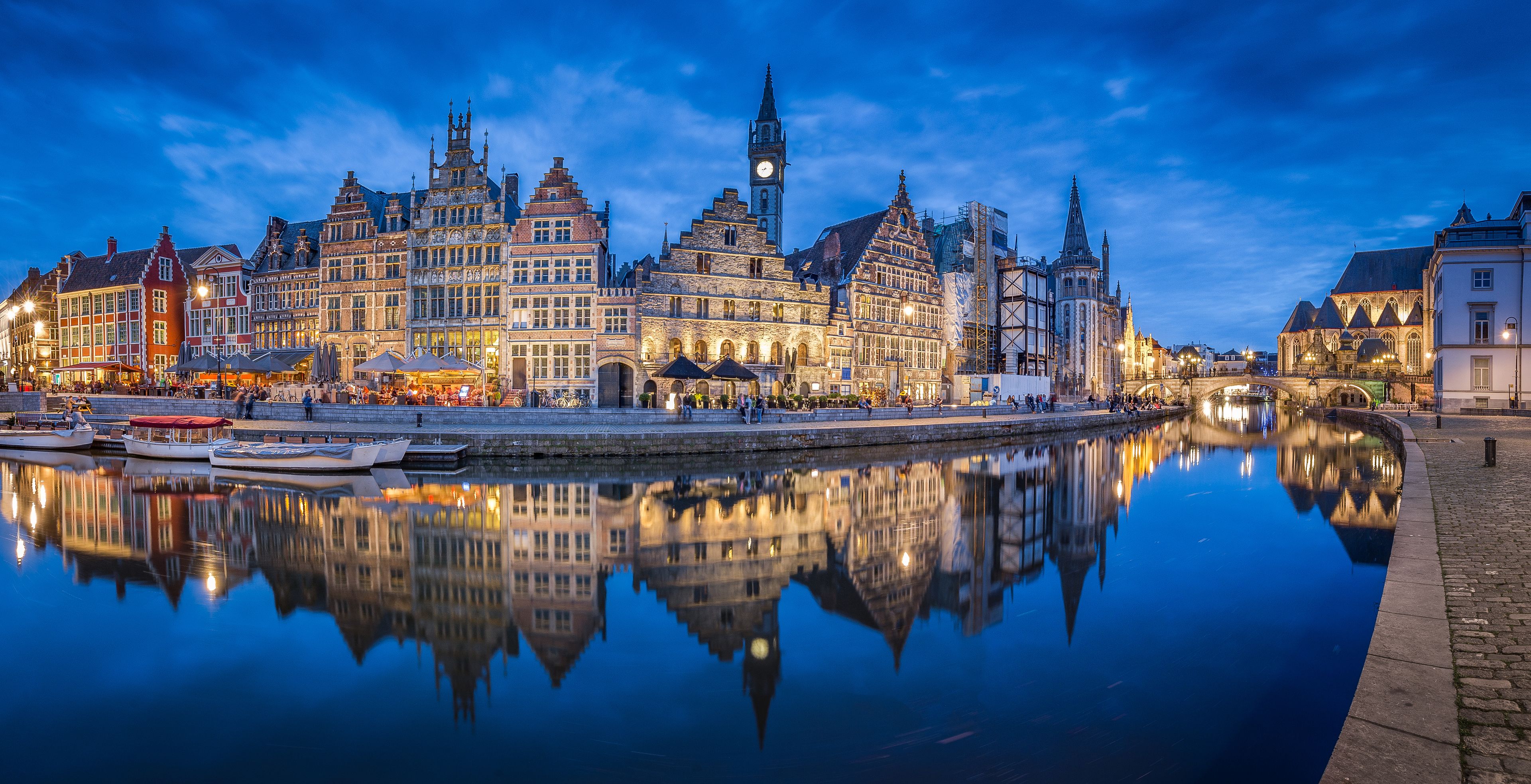 Twilight panorama of the city of Gent, Flanders, Belgium