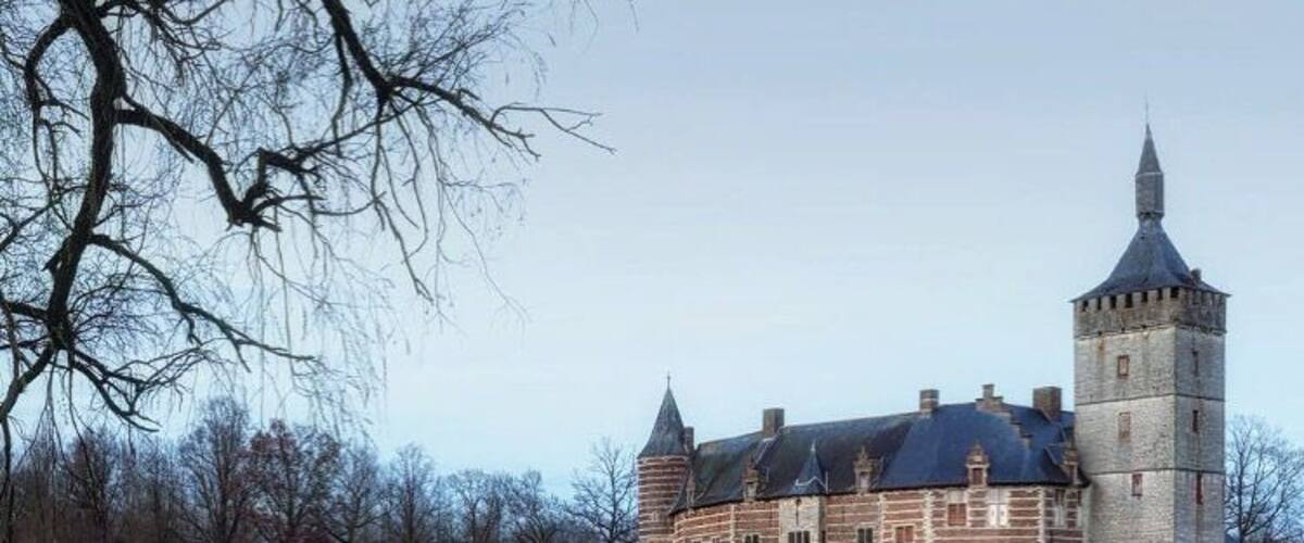 A historic castle with a tower, surrounded by a calm lake and leafless trees.
