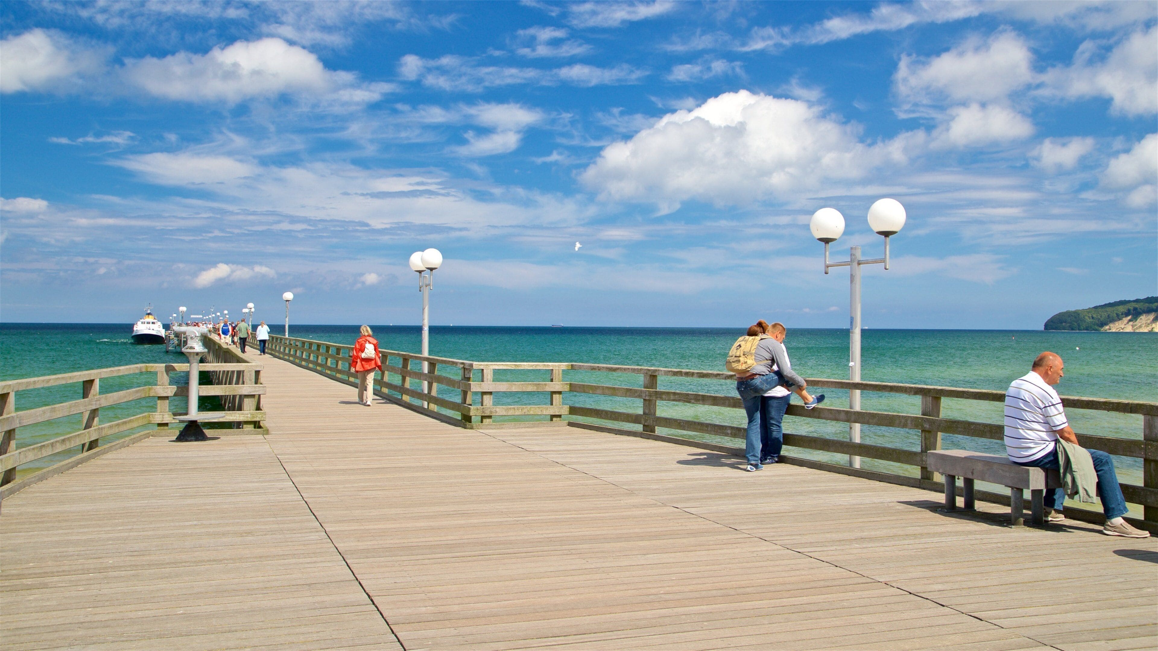 Binz Pier featuring general coastal views as well as a small group of people