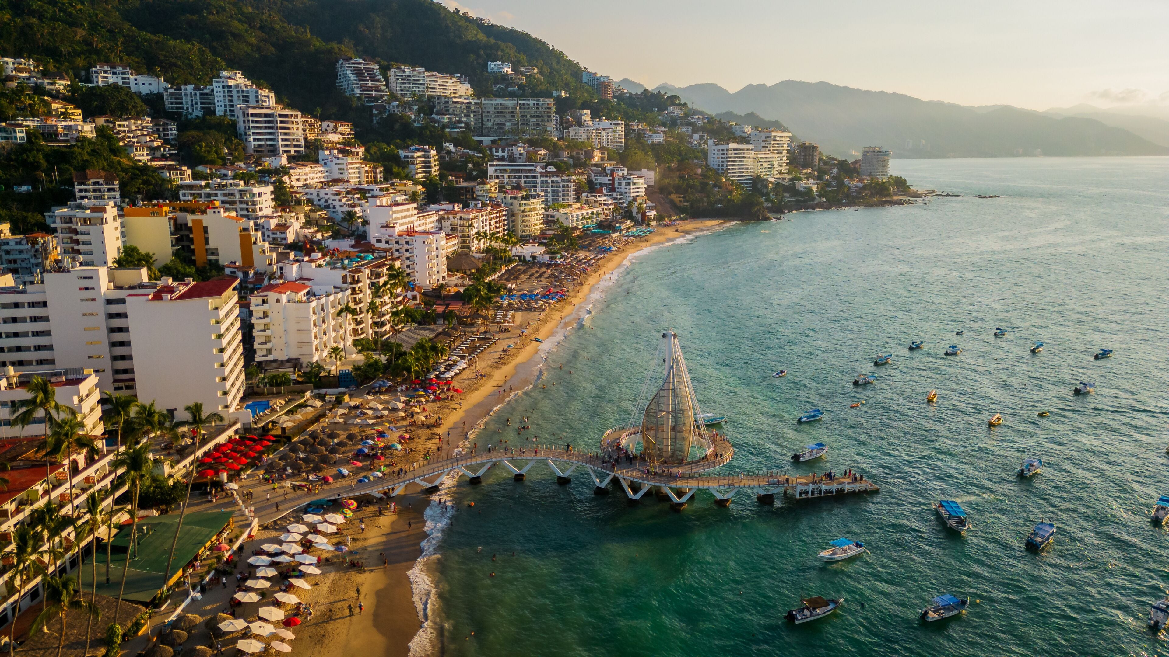 Puerto Vallarta aerial of romantic zone old town Nayarit Mexico drone reveal resort and hotel in. romantic zone travel destination for expat