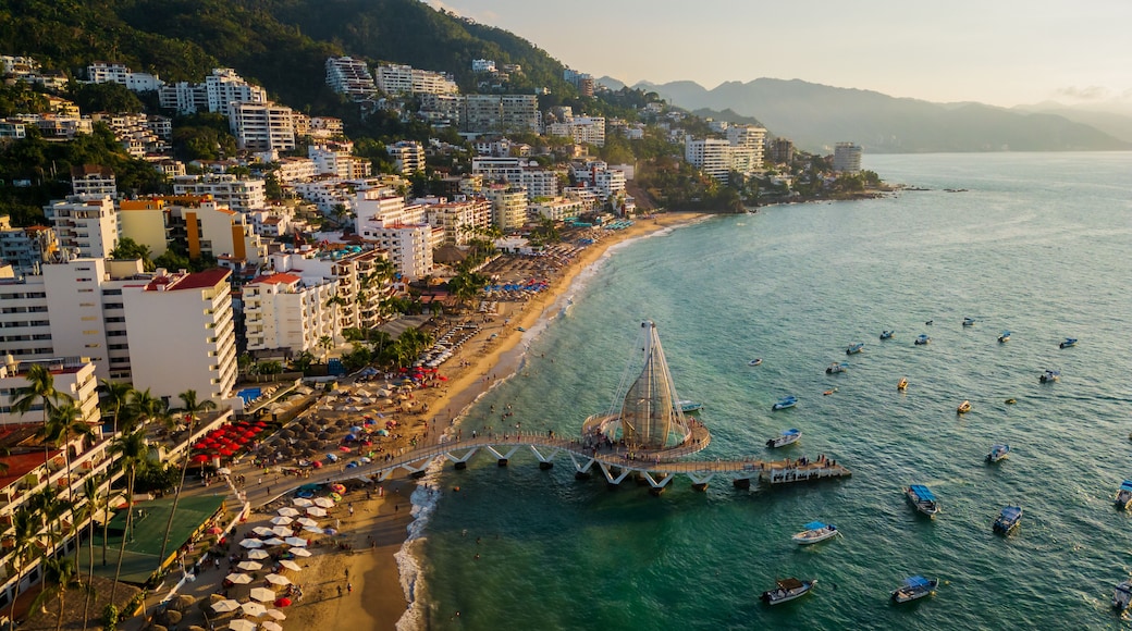 Puerto Vallarta aerial of romantic zone old town Nayarit Mexico drone reveal resort and hotel in. romantic zone travel destination for expat