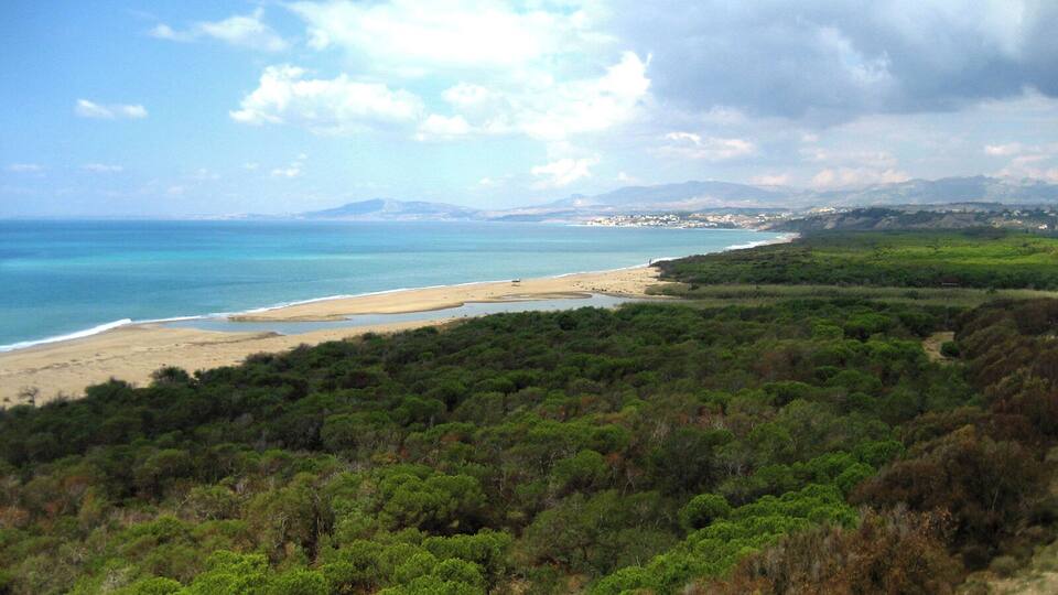 A coastal landscape with a beach, dense green forest, and distant mountains under a partly cloudy sky.