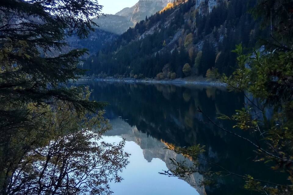Un lago tranquilo rodeado de montañas y árboles.