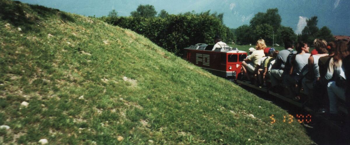 A red vehicle on a grassy slope with mountains in the background.
