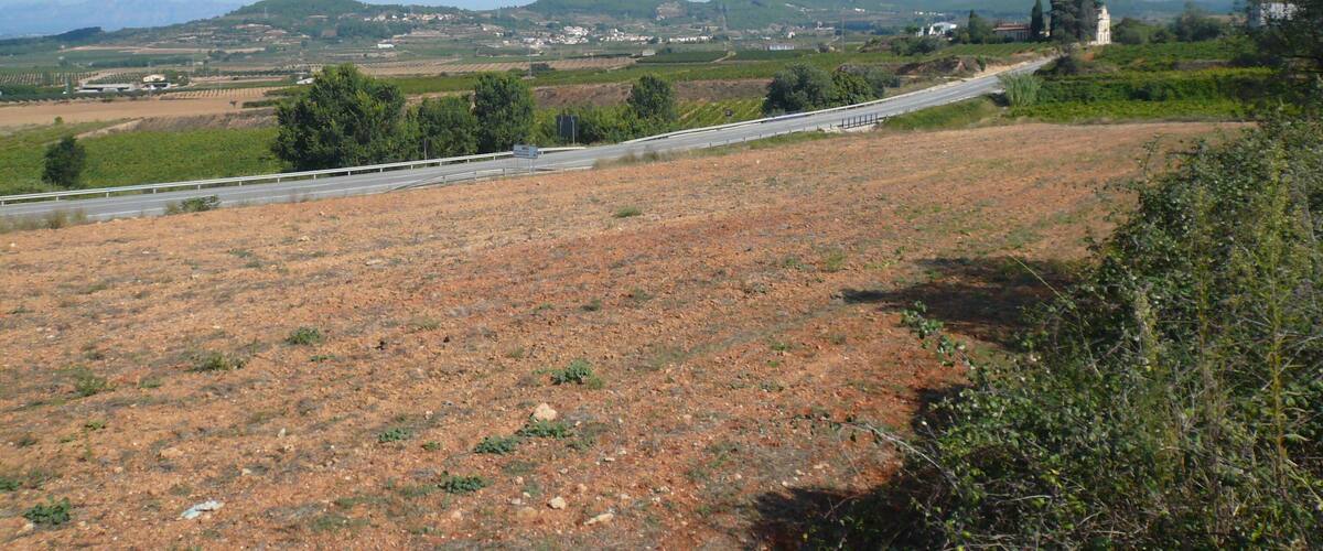 A rural landscape with a road curving through fields, distant hills, and scattered buildings.