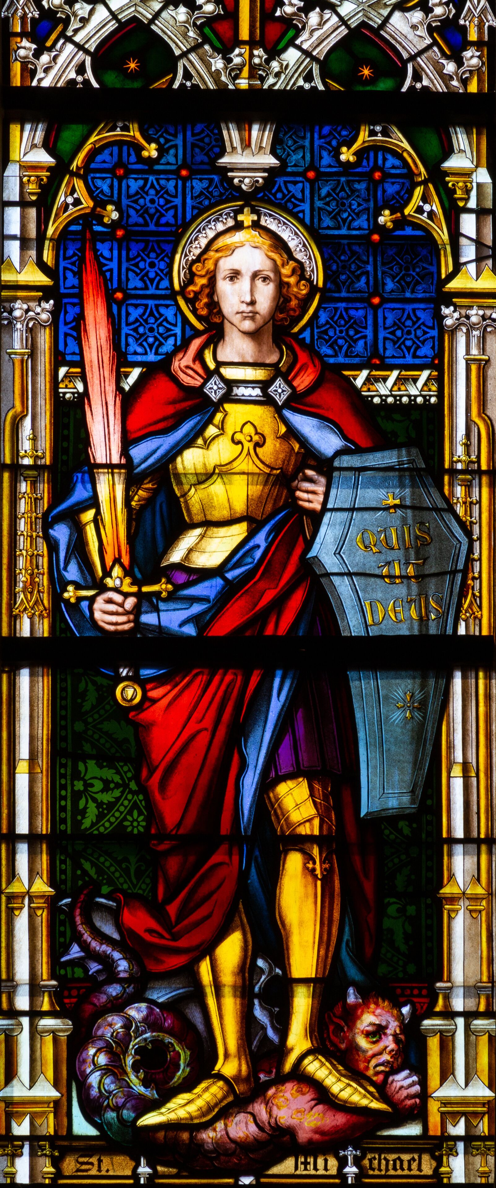 Kosice, Slovakia. 2019/7/5. Stained glass window depicting Saint Michael the Archangel in the Cathedral of St Elisabeth (Dom Svatej Alzbety).