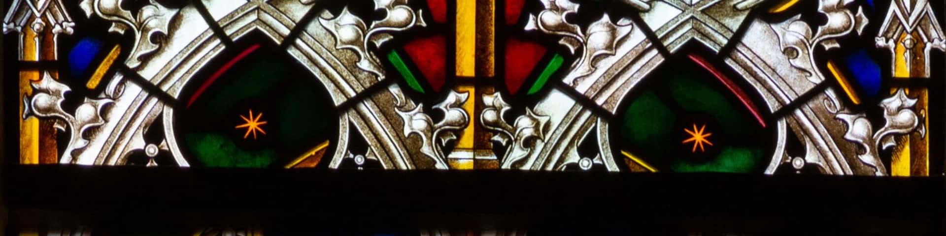 Kosice, Slovakia. 2019/7/5. Stained glass window depicting Saint Michael the Archangel in the Cathedral of St Elisabeth (Dom Svatej Alzbety).