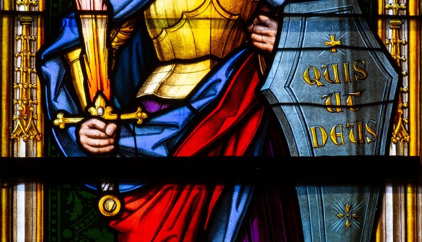 Kosice, Slovakia. 2019/7/5. Stained glass window depicting Saint Michael the Archangel in the Cathedral of St Elisabeth (Dom Svatej Alzbety).