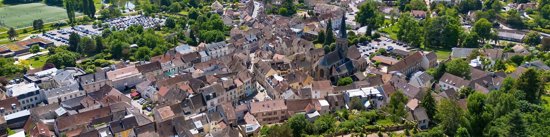 Aerial view of the village of Chevreuse in the French department of Yvelines in the capital region of Ile-de-France near Paris