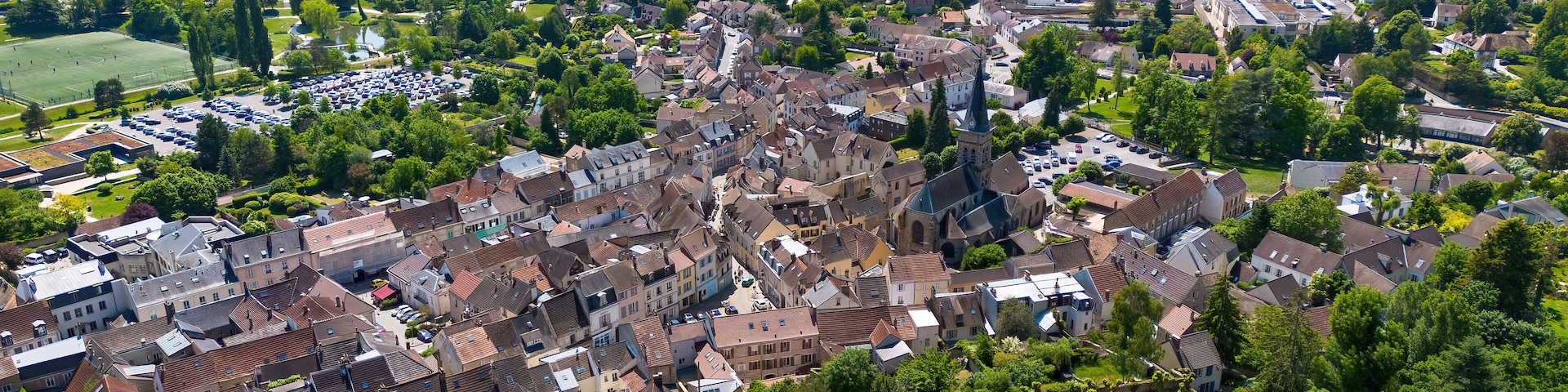 Aerial view of the village of Chevreuse in the French department of Yvelines in the capital region of Ile-de-France near Paris