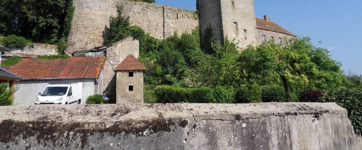 A medieval castle with a round tower and a rectangular tower, surrounded by greenery and a stone wall.