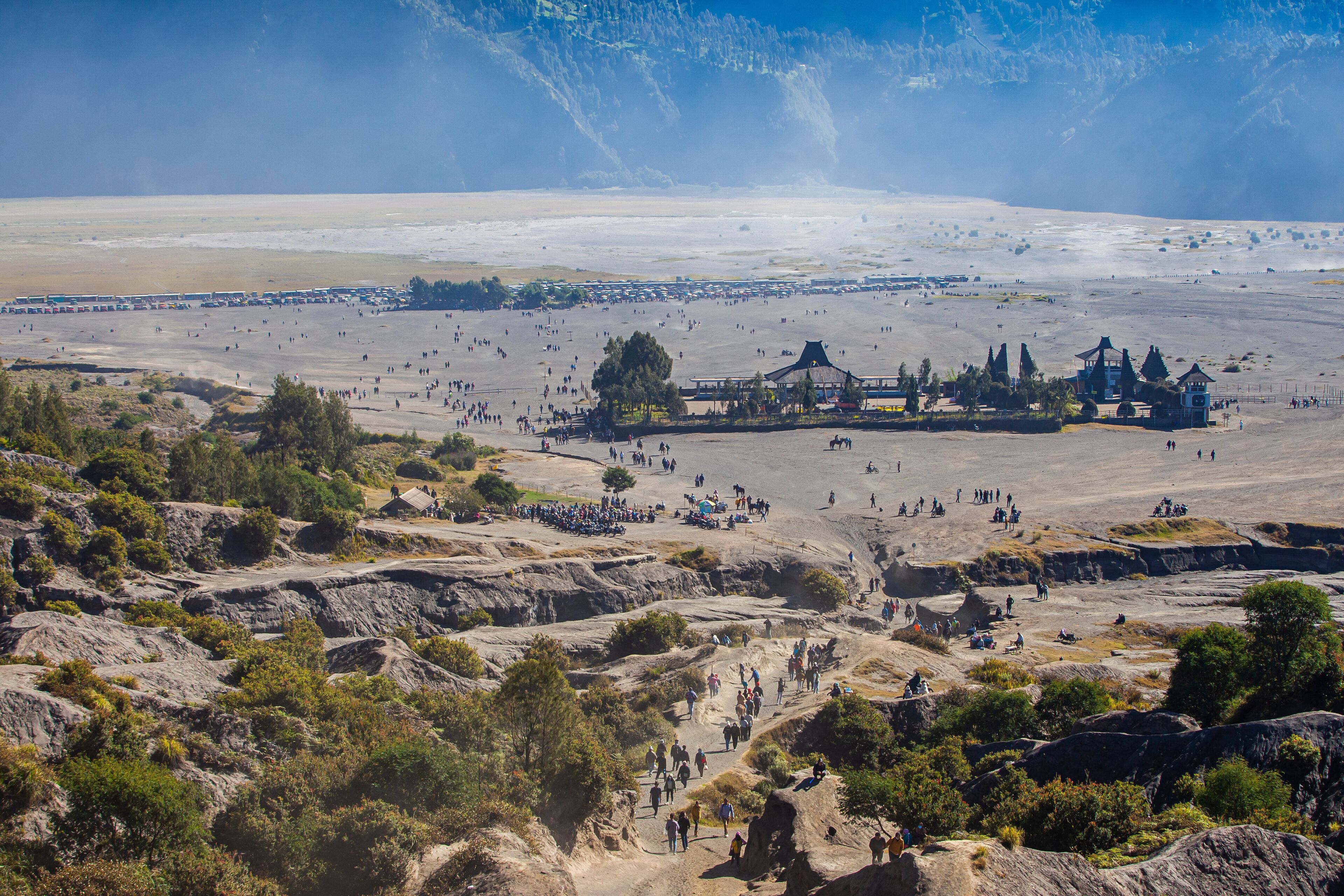 A vast desert landscape with scattered trees and a large building complex in the distance.