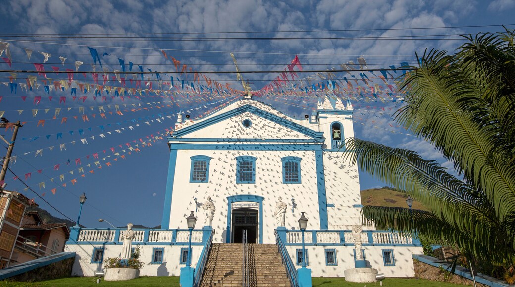 Church of Our Lady of Help, or Nossa Senhora d Ajuda in portuguese, decorated with June festival flags. Ilhabela, colonial town on the coast of Sao Paulo state, Brazil