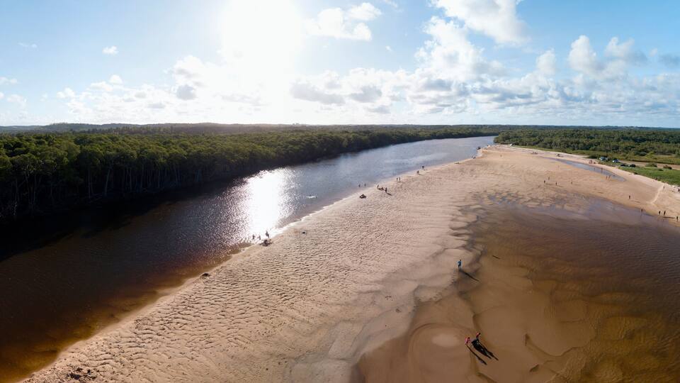 A river flowing into a sandy beach with a forested area in the background.