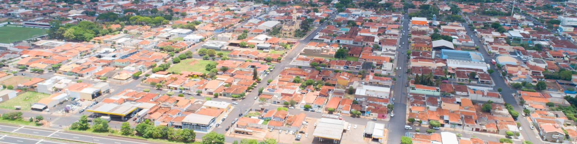 Aerial image of Brodowski city, mother church. Brazil.