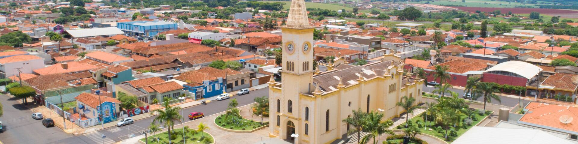 Aerial image of Brodowski city, mother church. Brazil.