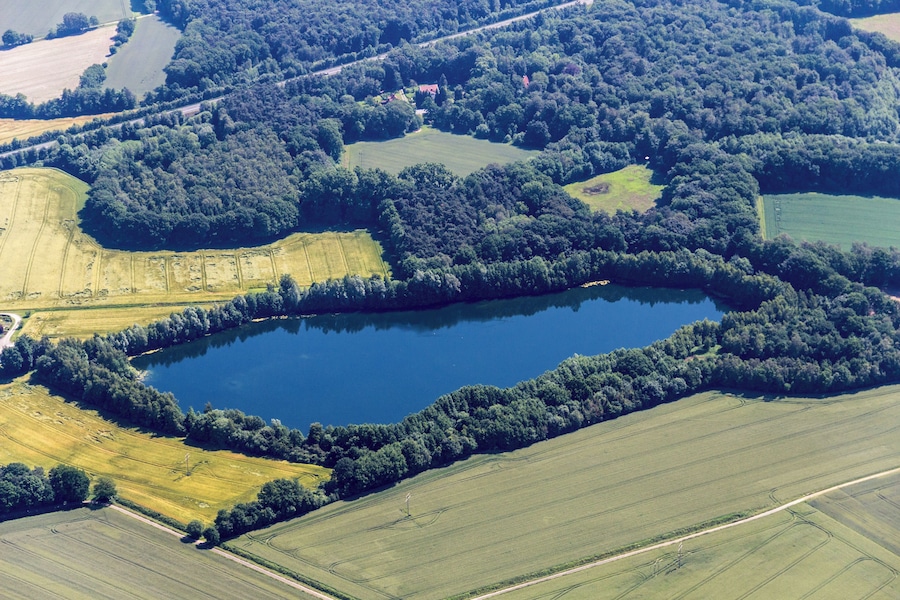 An aerial view of a lake surrounded by fields and dense forests.