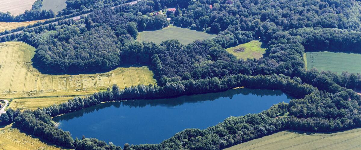 An aerial view of a lake surrounded by fields and dense forests.