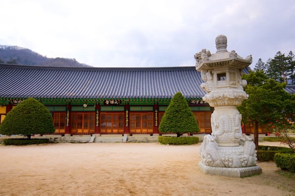 A traditional Korean temple with a tiled roof, a stone lantern, and neatly trimmed trees.