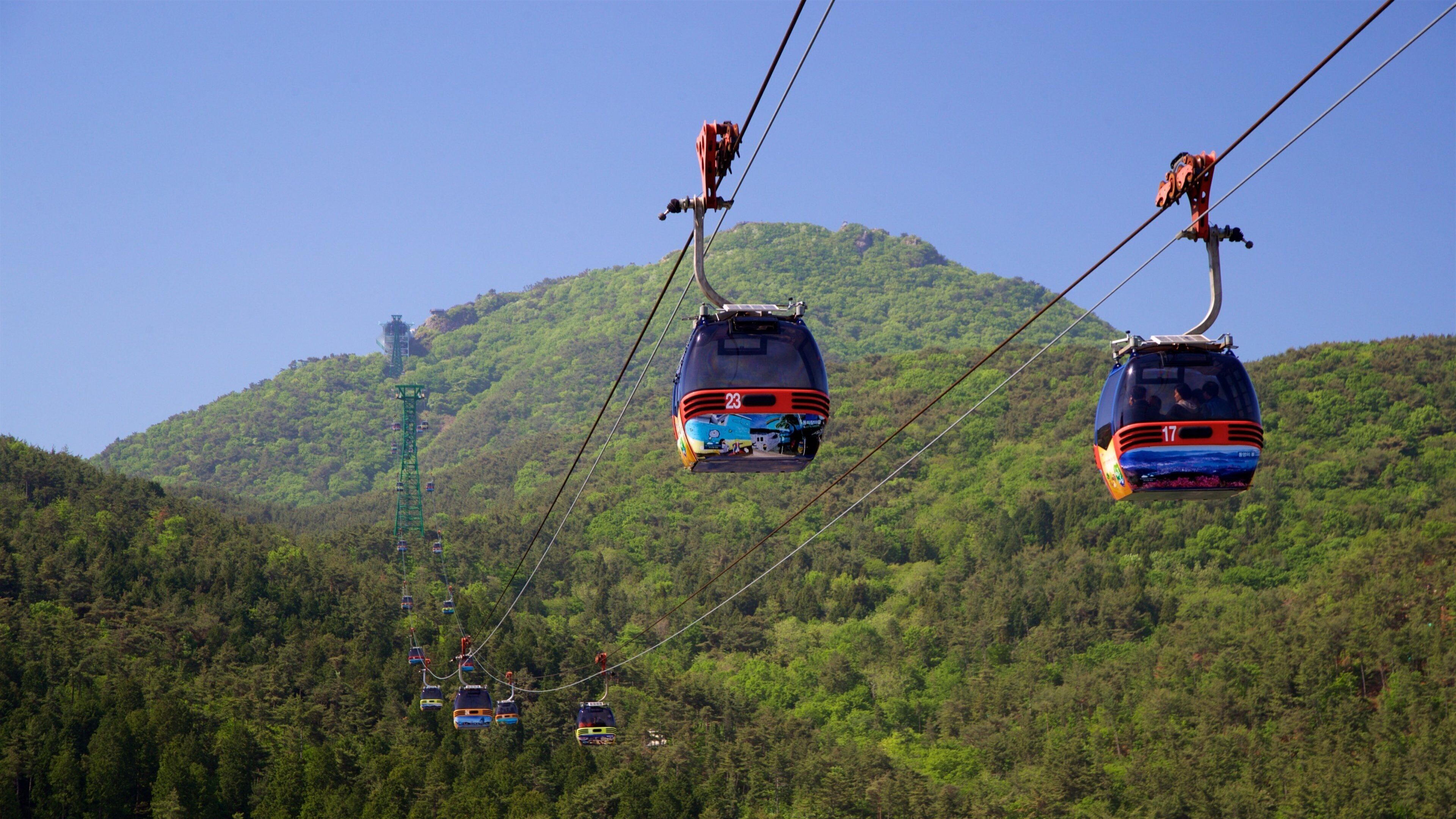 Hallyeo Waterway Observation Cable Car showing tranquil scenes, landscape views and a gondola