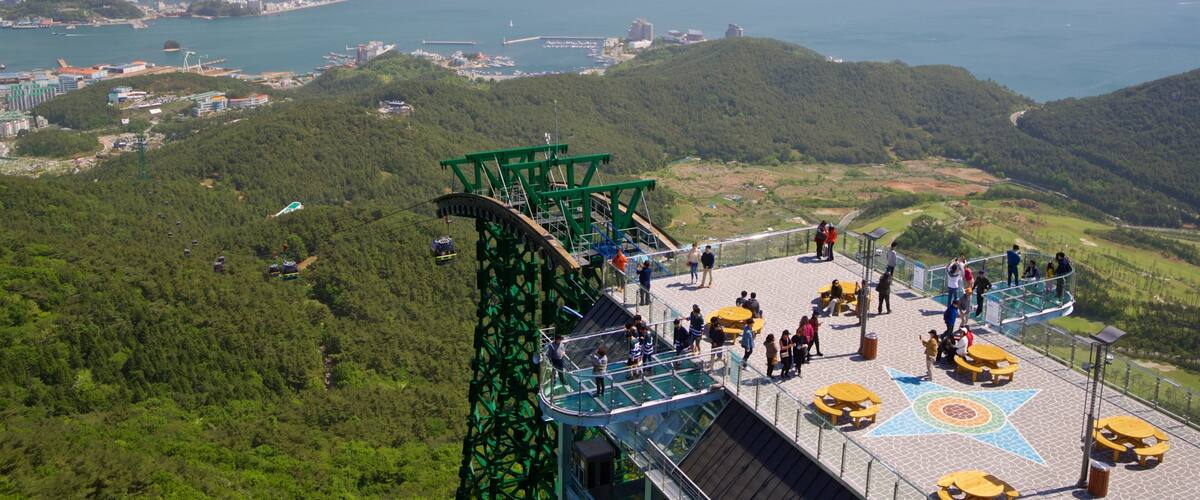 Hallyeo Waterway Observation Cable Car featuring tranquil scenes, a gondola and landscape views