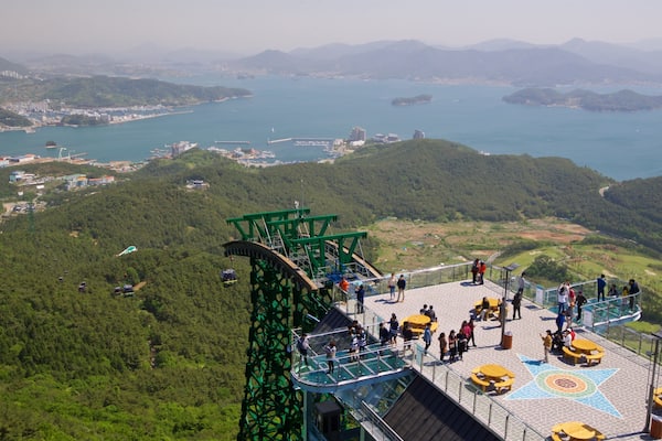 Hallyeo Waterway Observation Cable Car featuring tranquil scenes, a gondola and landscape views