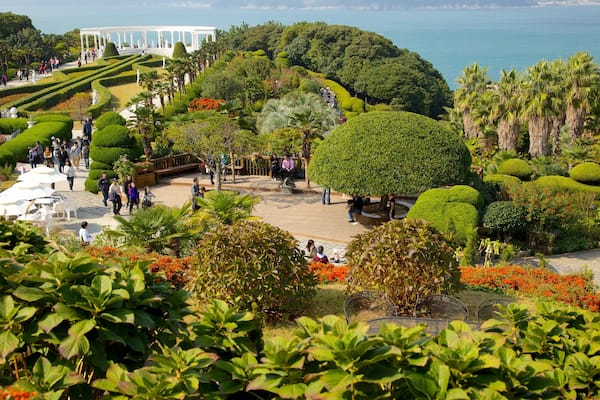 Un jardin bien entretenu, avec des haies taillées avec soin, un grand arbre au centre et un pavillon blanc en arrière-plan.