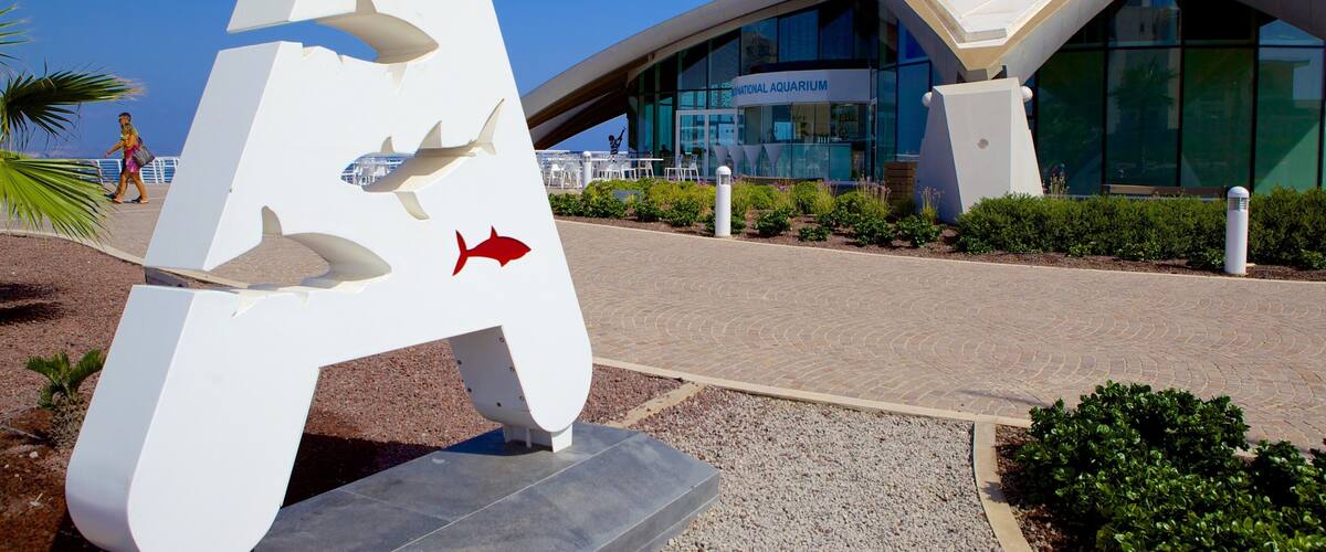 Malta National Aquarium featuring marine life, modern architecture and signage