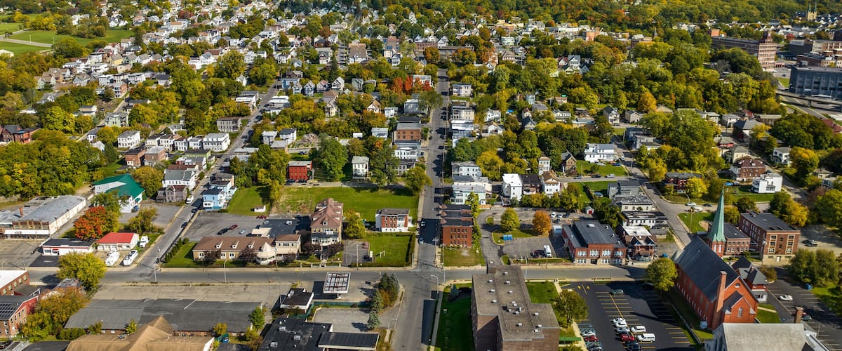 Early afternoon autumn aerial photo view of the City of Amsterdam New York.