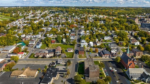 Early afternoon autumn aerial photo view of the City of Amsterdam New York.