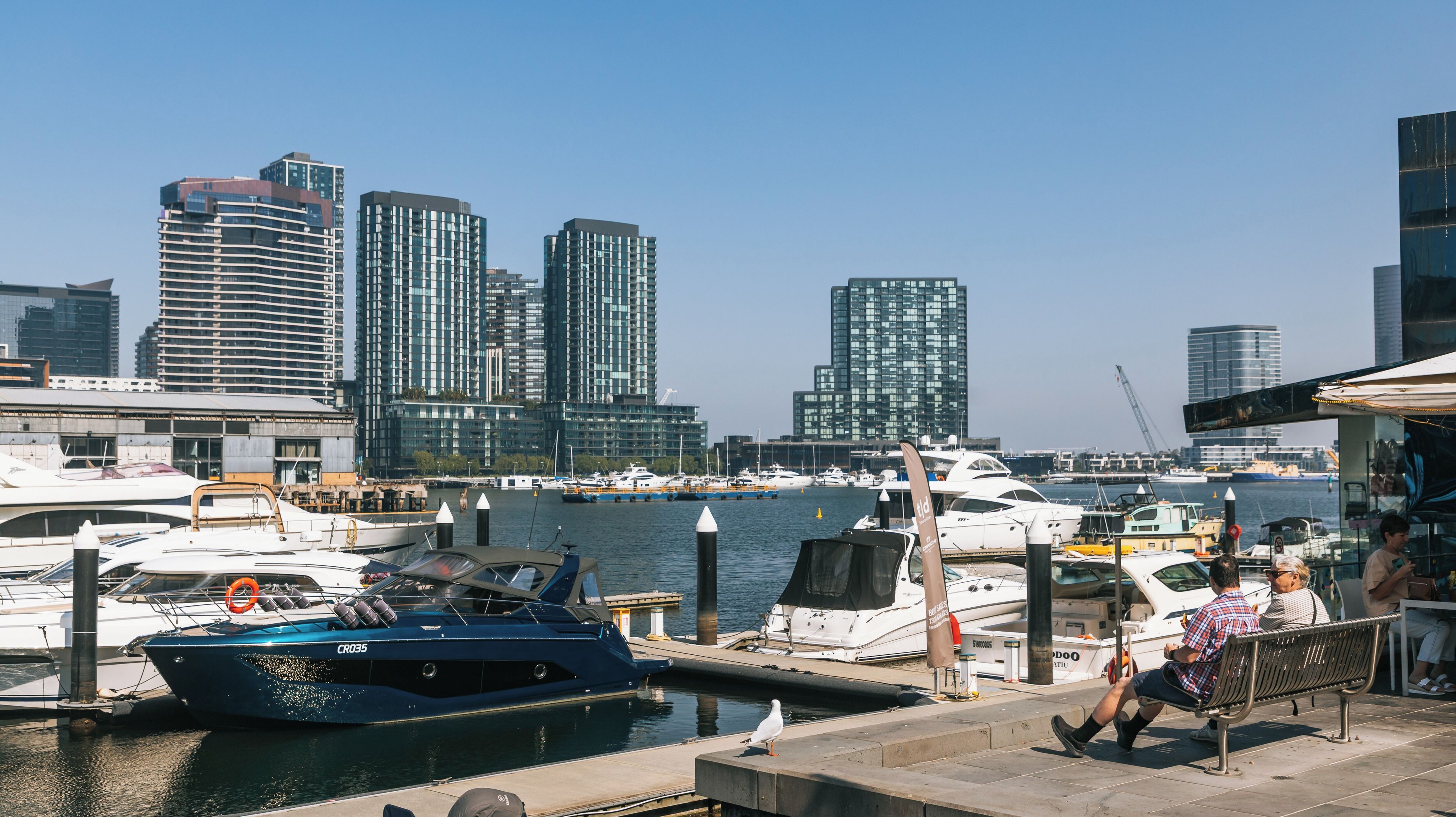 A marina with yachts docked, a city skyline in the background, and a person sitting on a bench.