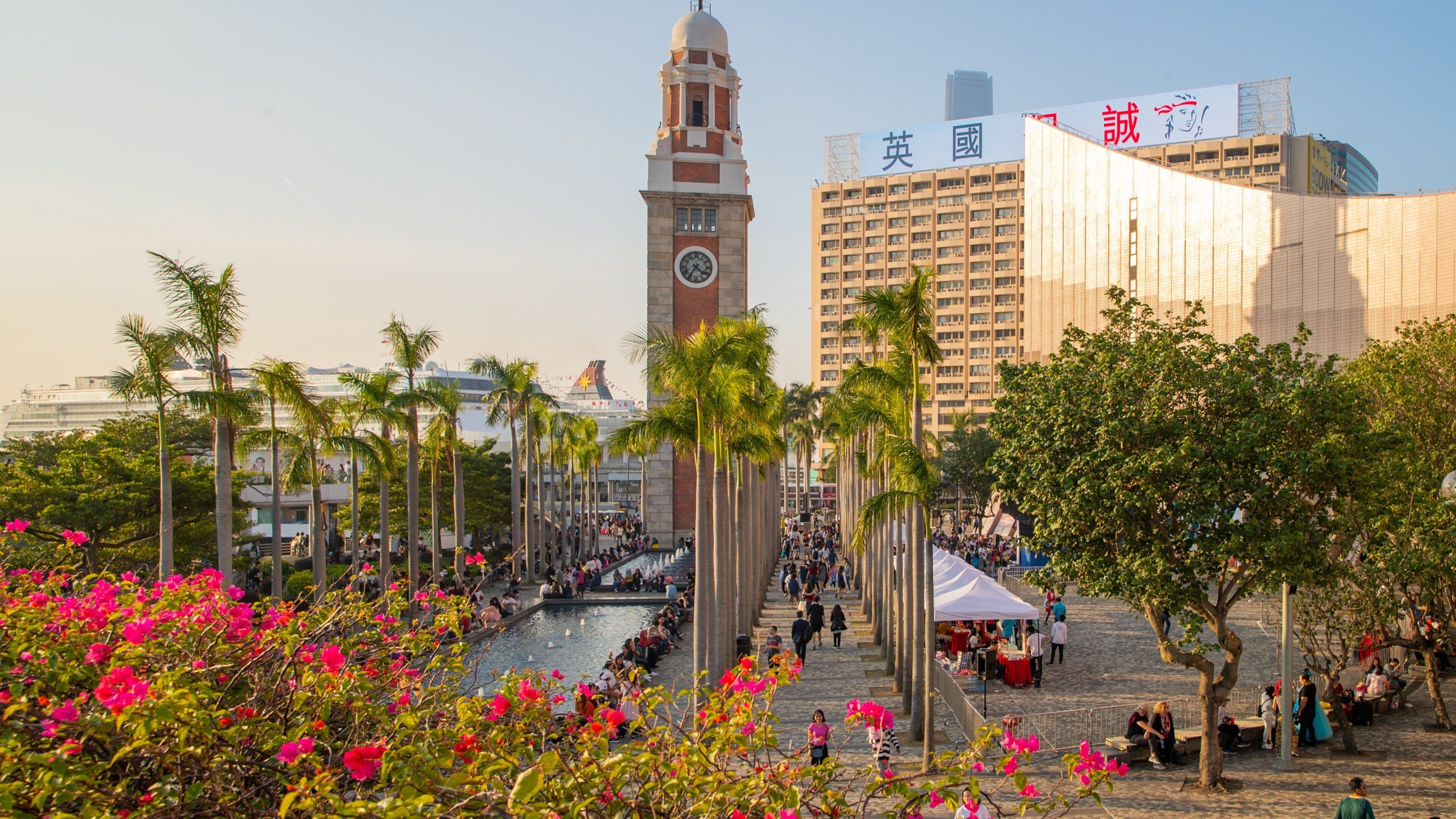 Tsim Sha Tsui Promenade which includes a sunset, wildflowers and heritage architecture