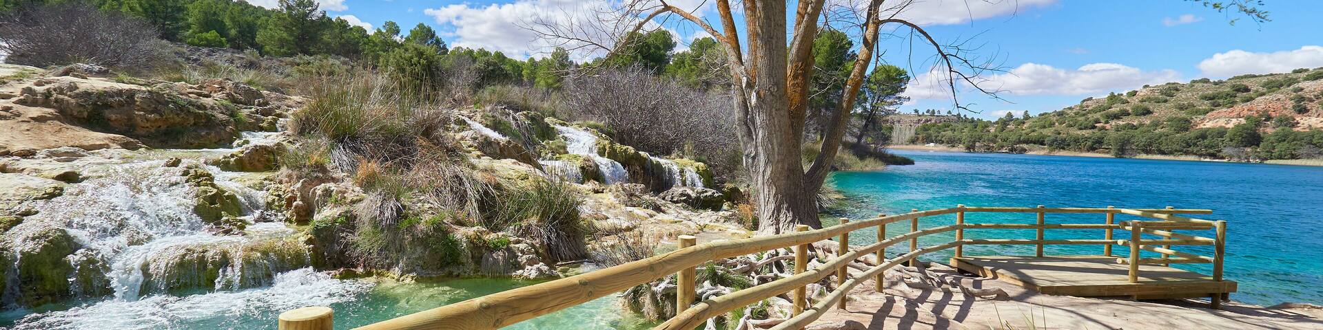 Landscape of the wood lookout of the Laguna Salvadora Lake in the Lagunas de Ruidera Lakes Natural Parkland, Albacete province, Castilla La Mancha region, Spain