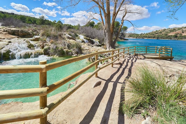 Landscape of the wood lookout of the Laguna Salvadora Lake in the Lagunas de Ruidera Lakes Natural Parkland, Albacete province, Castilla La Mancha region, Spain
