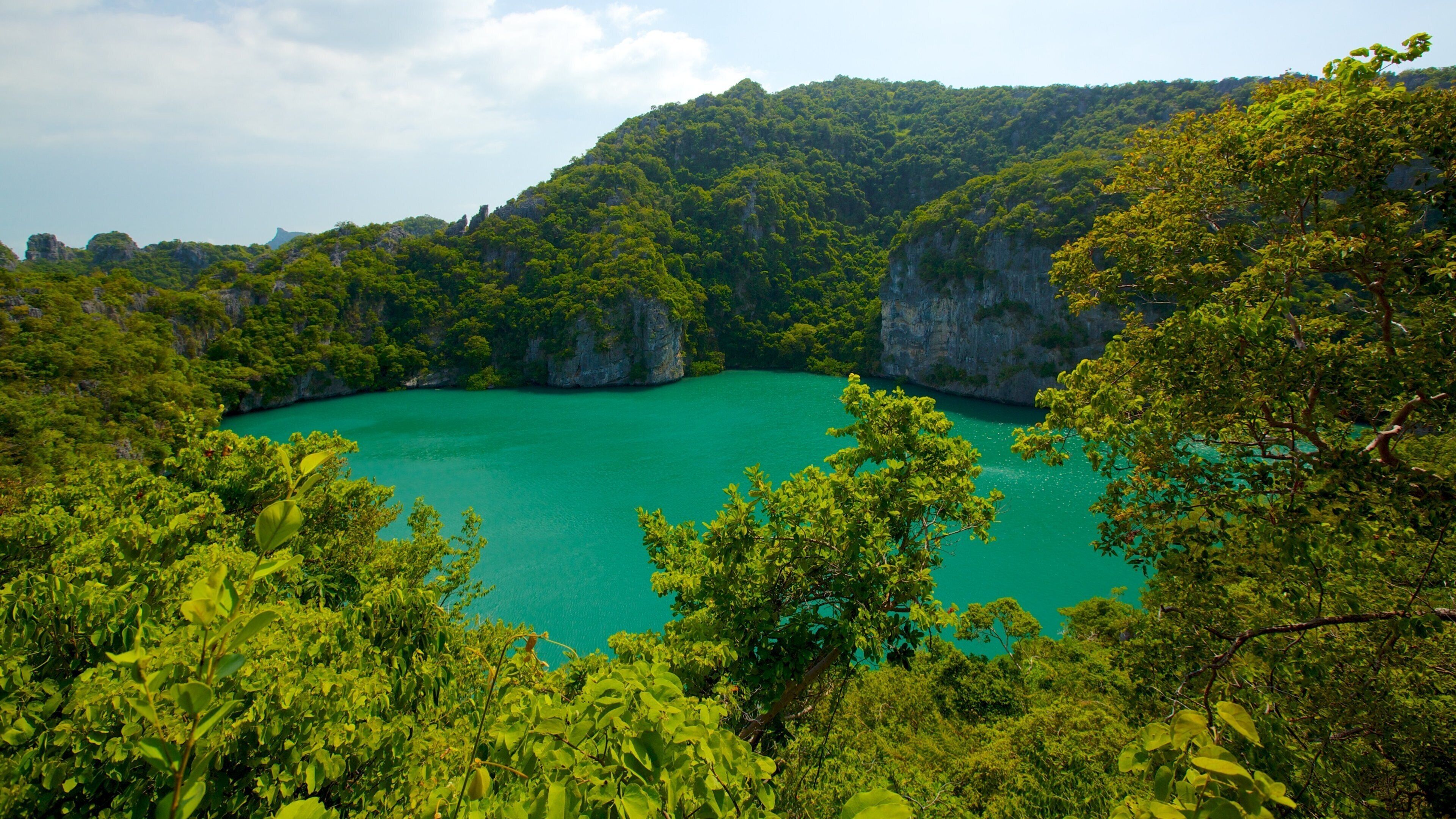 A turquoise lake surrounded by lush green forest and rocky cliffs.
