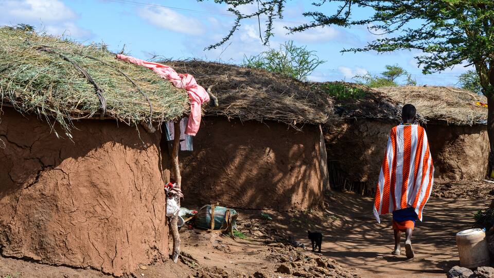 A rural village scene with mud houses, a person walking, and a tree.