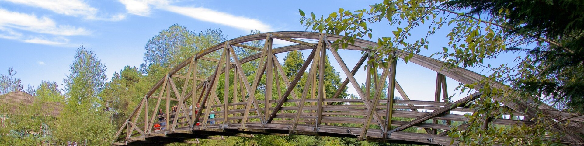 Park at Bothell Landing showing a river or creek and a bridge