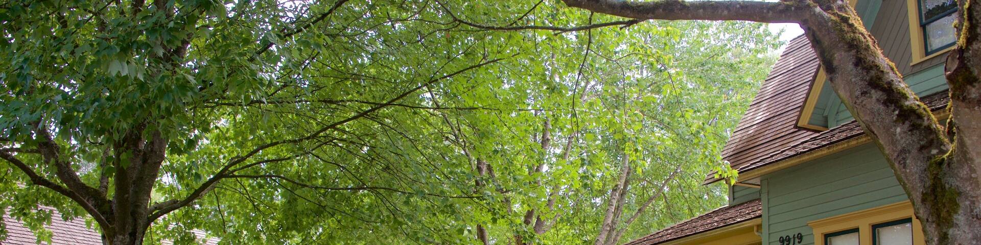 Park at Bothell Landing showing signage and a garden