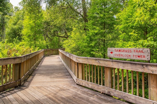Sawgrass Lake Park which includes signage, a bridge and forest scenes