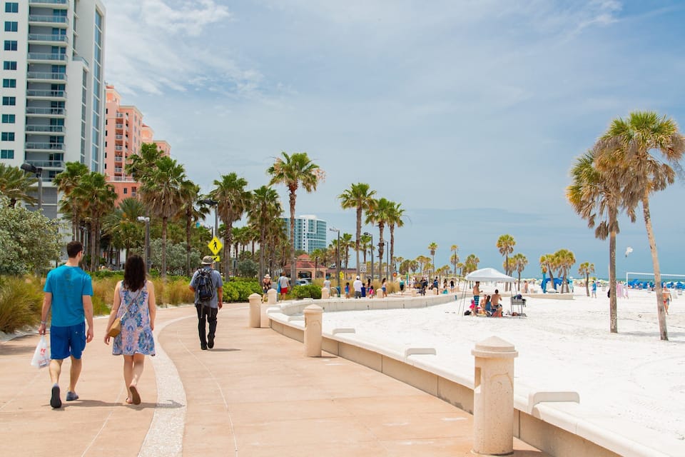 A sunny promenade with palm trees, a beach, and high-rise buildings in the background.