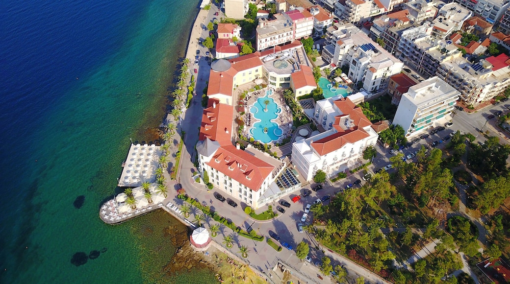 Aerial drone ultra wide photo of famous seaside village well known for thermal springs of Aidipsos, North Evia island, Greece