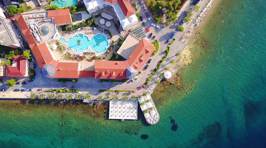 Aerial drone ultra wide photo of famous seaside village well known for thermal springs of Aidipsos, North Evia island, Greece