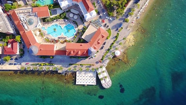 Aerial drone ultra wide photo of famous seaside village well known for thermal springs of Aidipsos, North Evia island, Greece