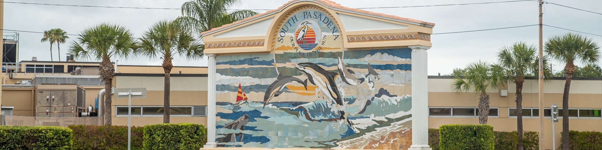 Palms of Pasadena Hospital which includes signage and outdoor art