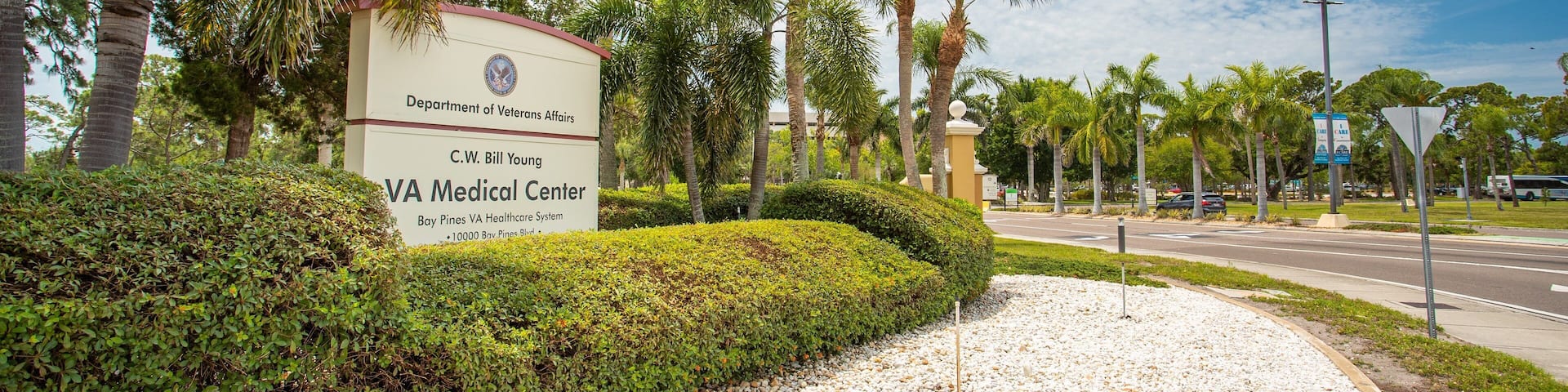 Bay Pines VA Medical Center which includes a park and signage