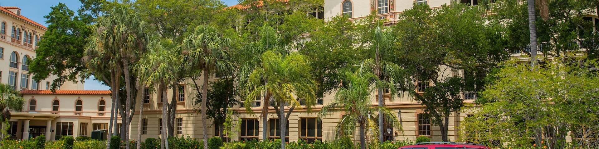 A parking lot with two cars, a building with a red-tiled roof, and palm trees.