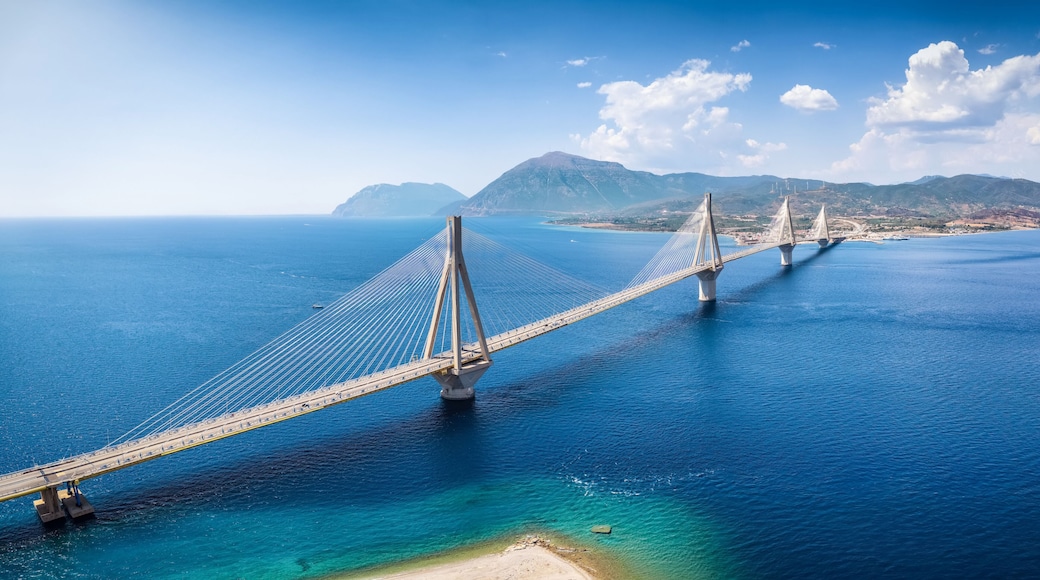 Panoramic aerial view of the big suspension bridge between Rio and Antirio, Peloponnese, Greece