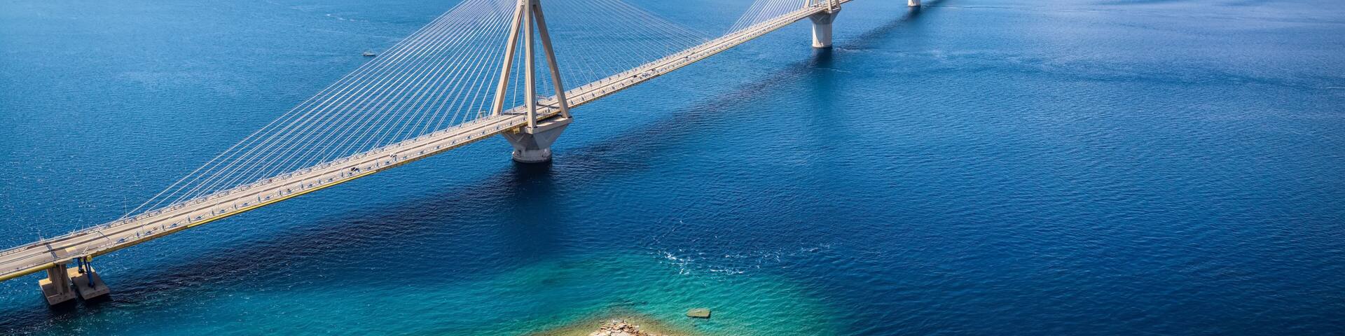 Panoramic aerial view of the big suspension bridge between Rio and Antirio, Peloponnese, Greece